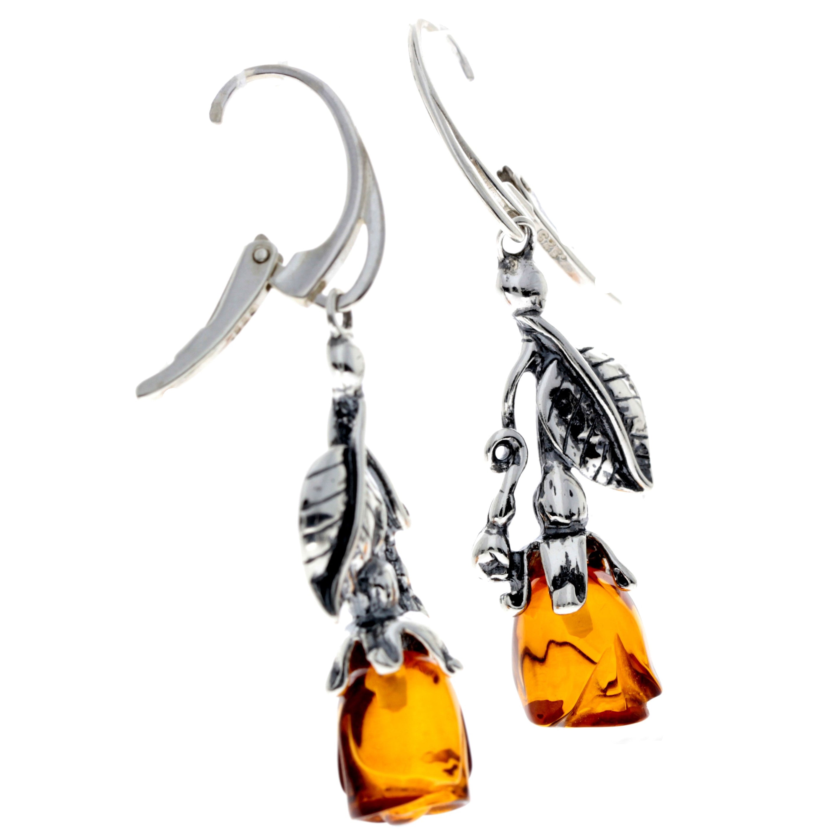 925 Sterling Silver & Genuine Baltic Amber Rose Drop Earrings - 8320