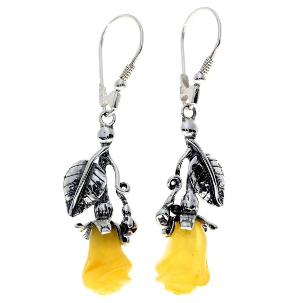 925 Sterling Silver & Genuine Baltic Amber Rose Drop Earrings - 8320