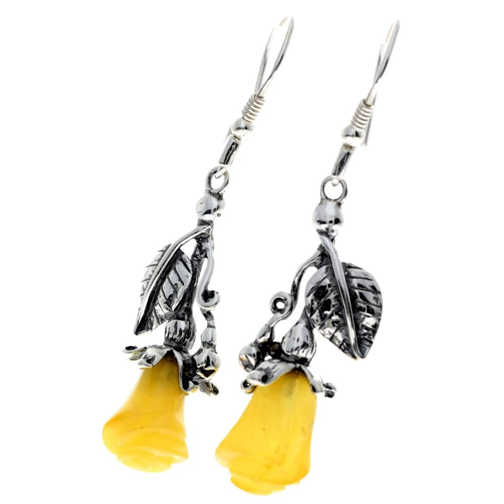 925 Sterling Silver & Genuine Baltic Amber Rose Drop Earrings - 8320