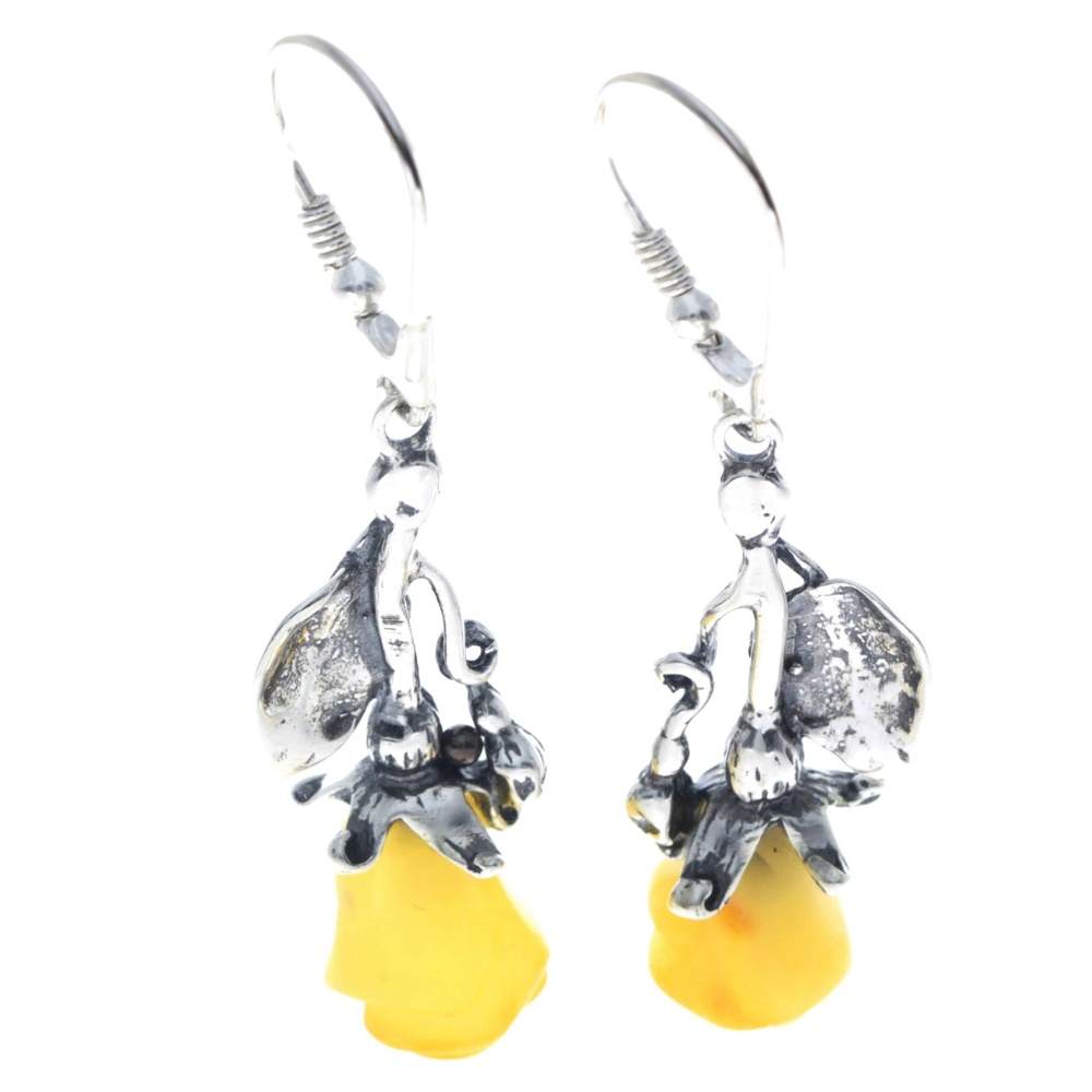 925 Sterling Silver & Genuine Baltic Amber Rose Drop Earrings - 8320