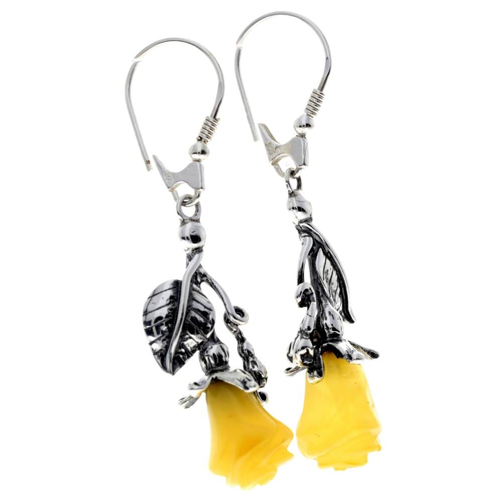 925 Sterling Silver & Genuine Baltic Amber Rose Drop Earrings - 8320