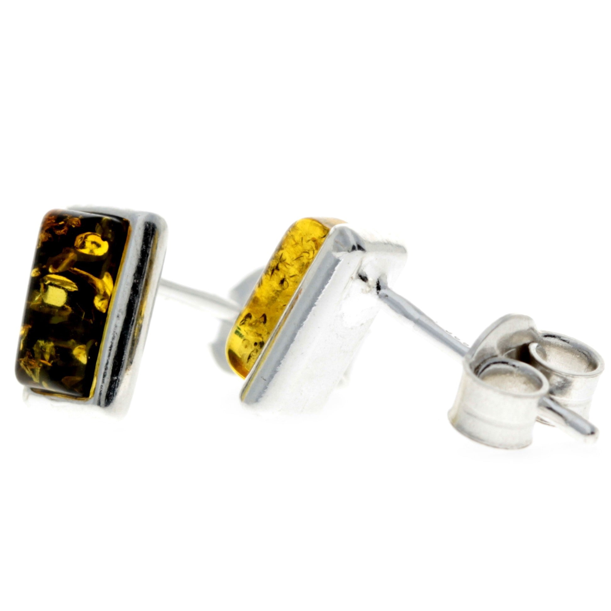 925 Sterling Silver & Genuine Baltic Amber Classic Rectangular Studs Earrings - 8346