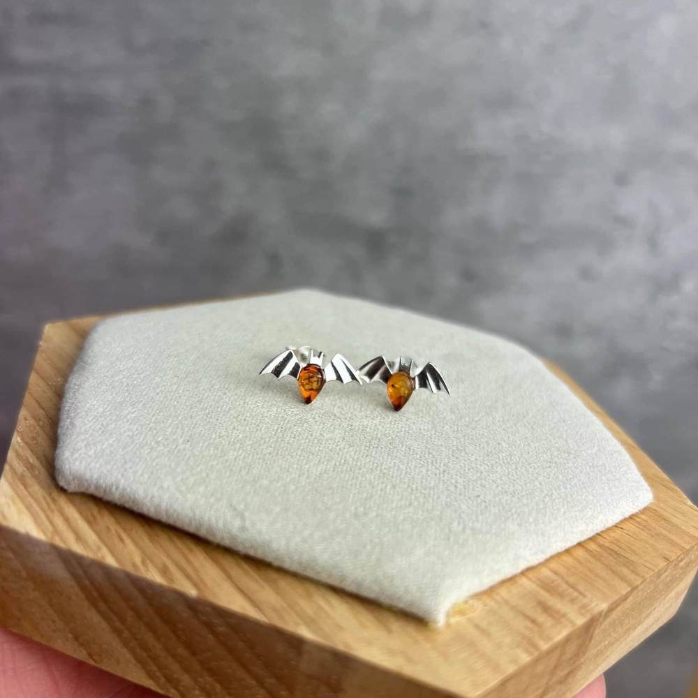 925 Sterling Silver & Genuine Baltic Amber Cute Bats Studs Earrings - 8478