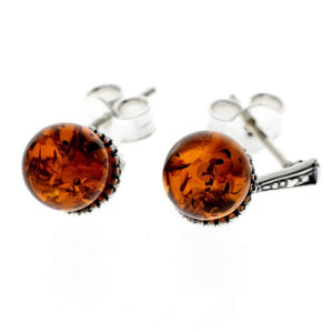 925 Sterling Silver & Genuine Baltic Amber Ball Drop Earrings - 8406