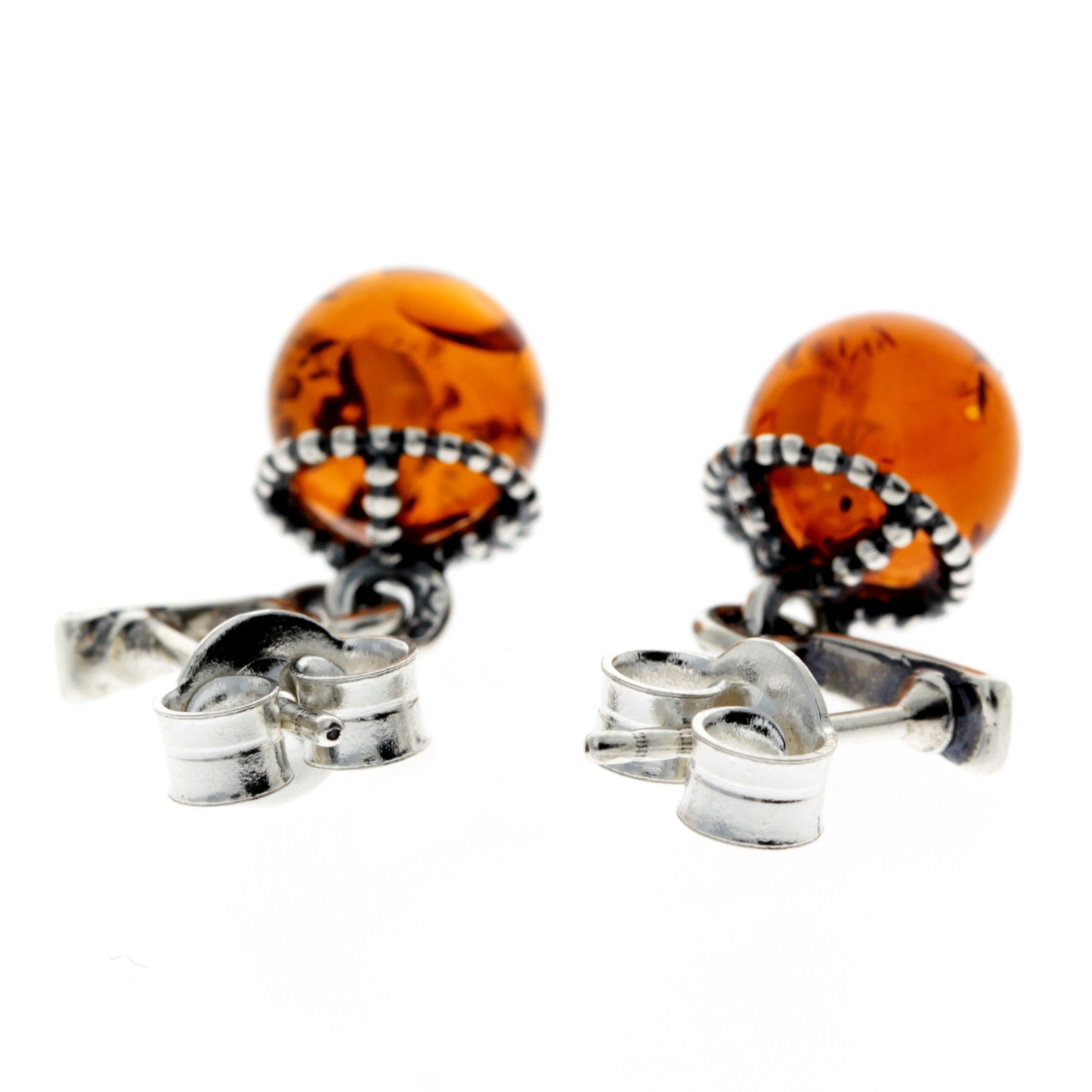 925 Sterling Silver & Genuine Baltic Amber Ball Drop Earrings - 8406
