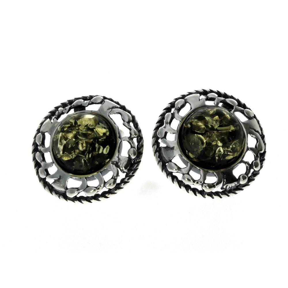 925 Sterling Silver & Genuine Baltic Amber Classic Round Studs Earrings - 8438