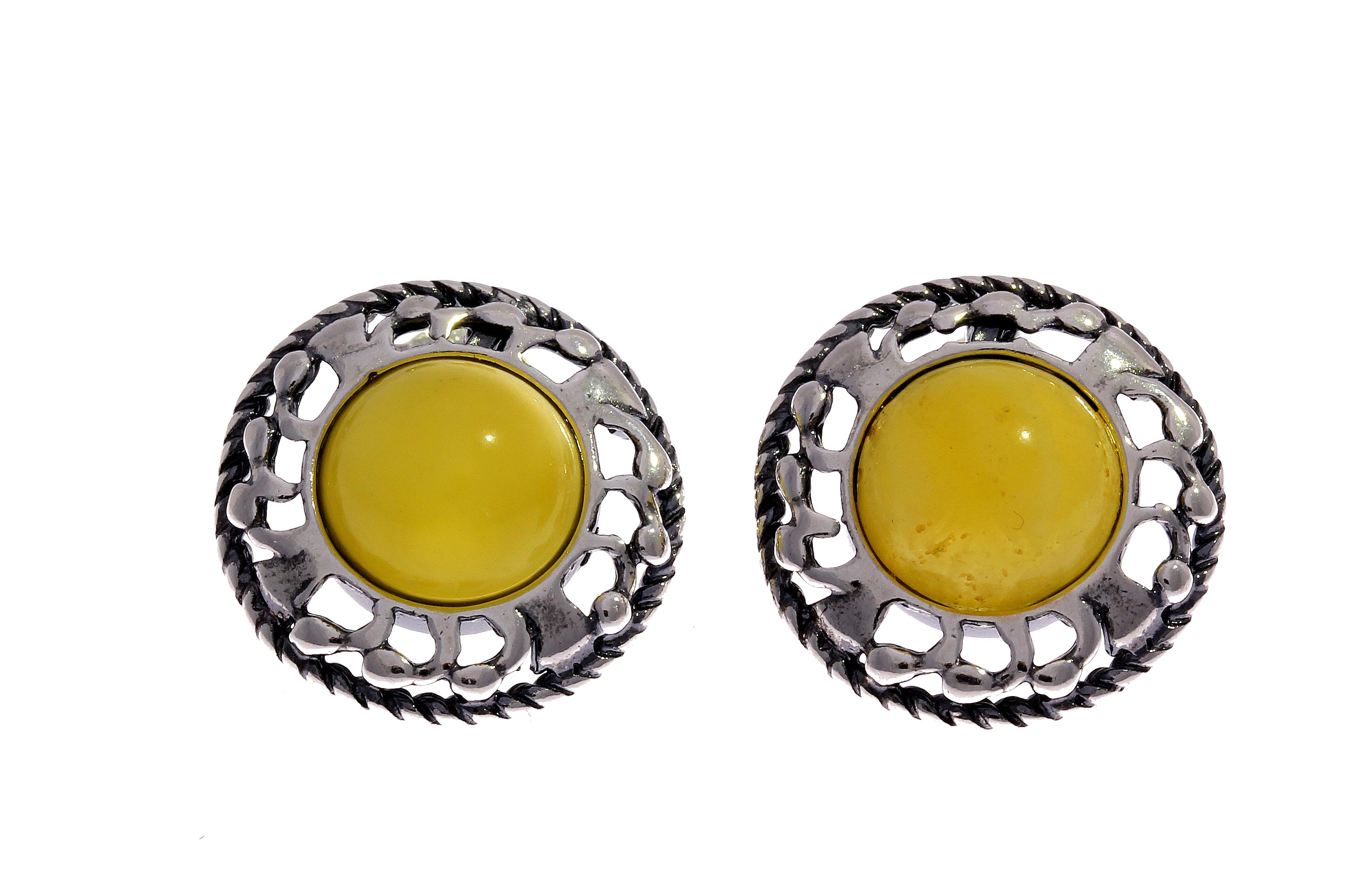 925 Sterling Silver & Genuine Baltic Amber Classic Round Studs Earrings - 8438