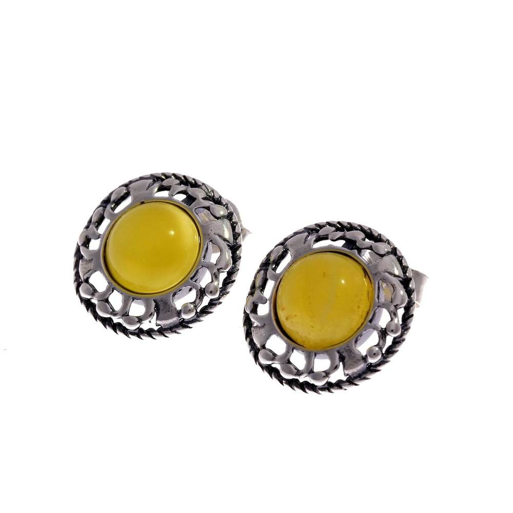 925 Sterling Silver & Genuine Baltic Amber Classic Round Studs Earrings - 8438