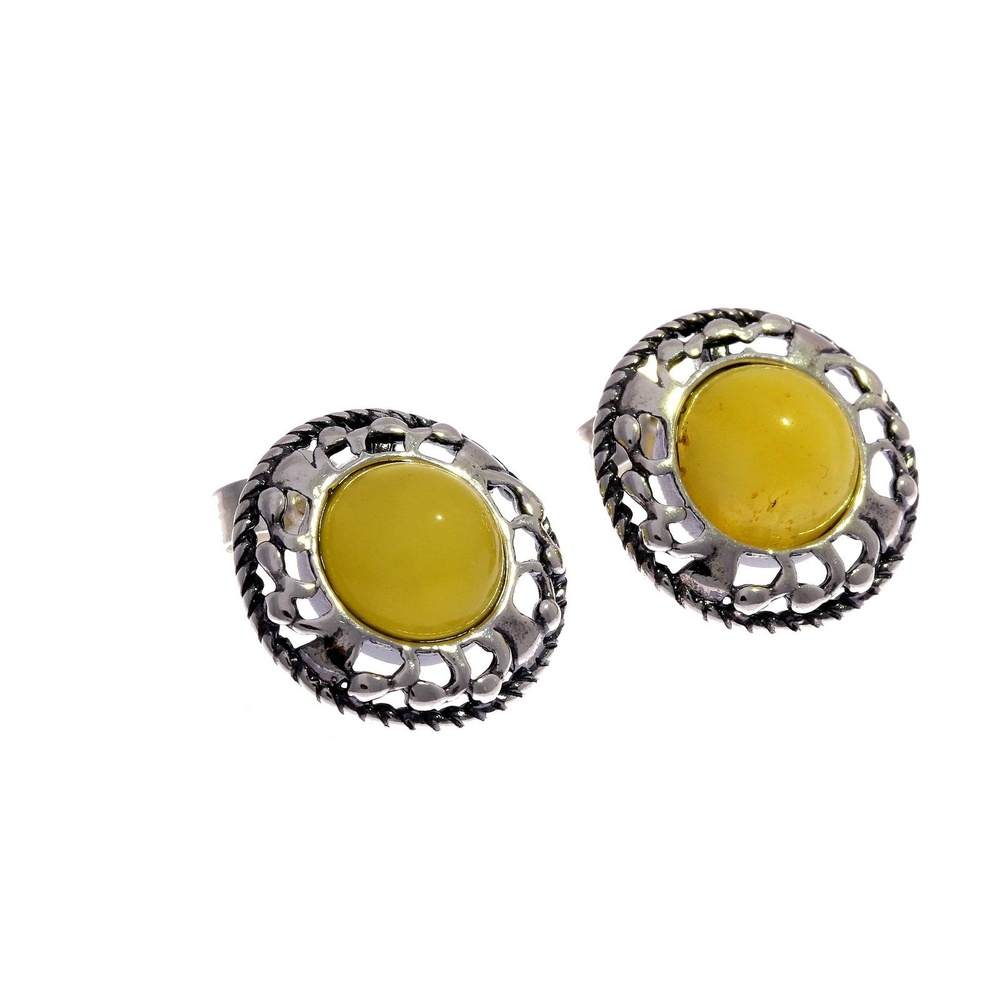 925 Sterling Silver & Genuine Baltic Amber Classic Round Studs Earrings - 8438