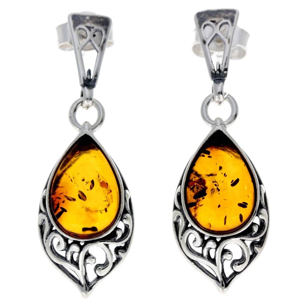 925 Sterling Silver & Genuine Baltic Amber Modern Drop Earrings - 8457