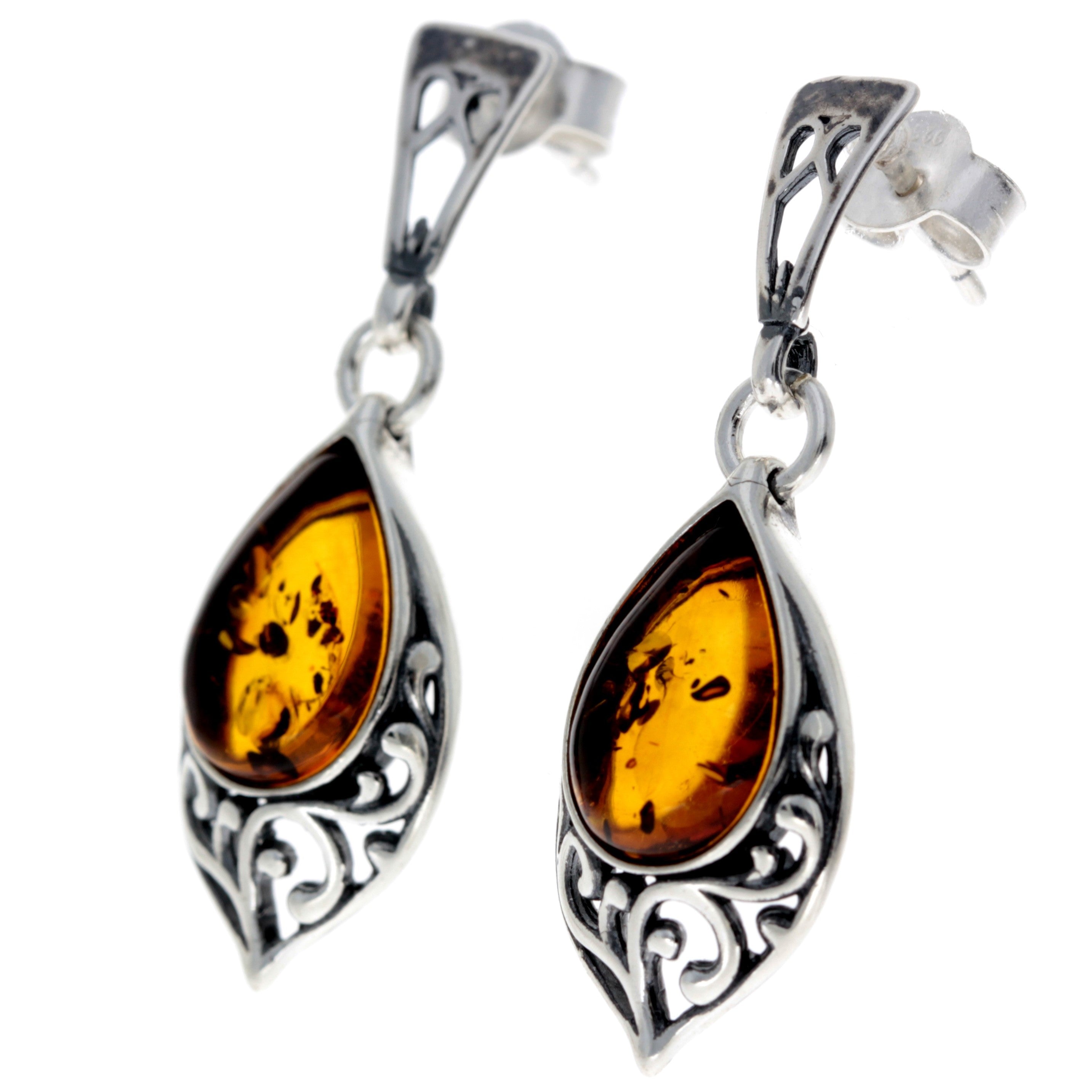 925 Sterling Silver & Genuine Baltic Amber Modern Drop Earrings - 8457