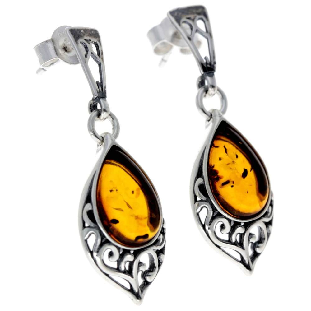 925 Sterling Silver & Genuine Baltic Amber Modern Drop Earrings - 8457