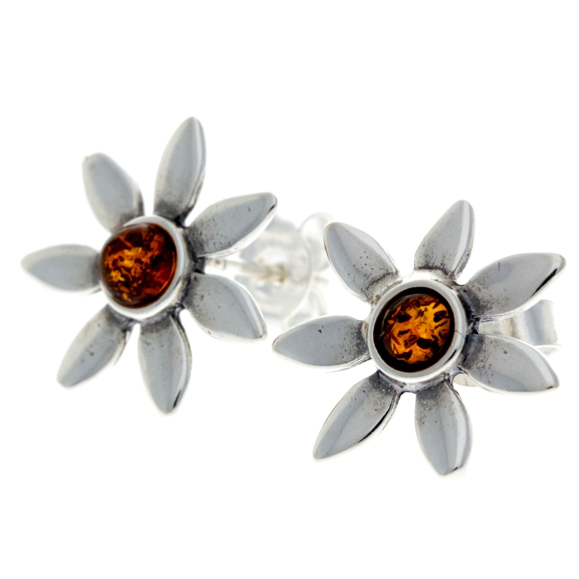 925 Sterling Silver & Genuine Baltic Amber Classic Flowers Studs Earrings - 8477