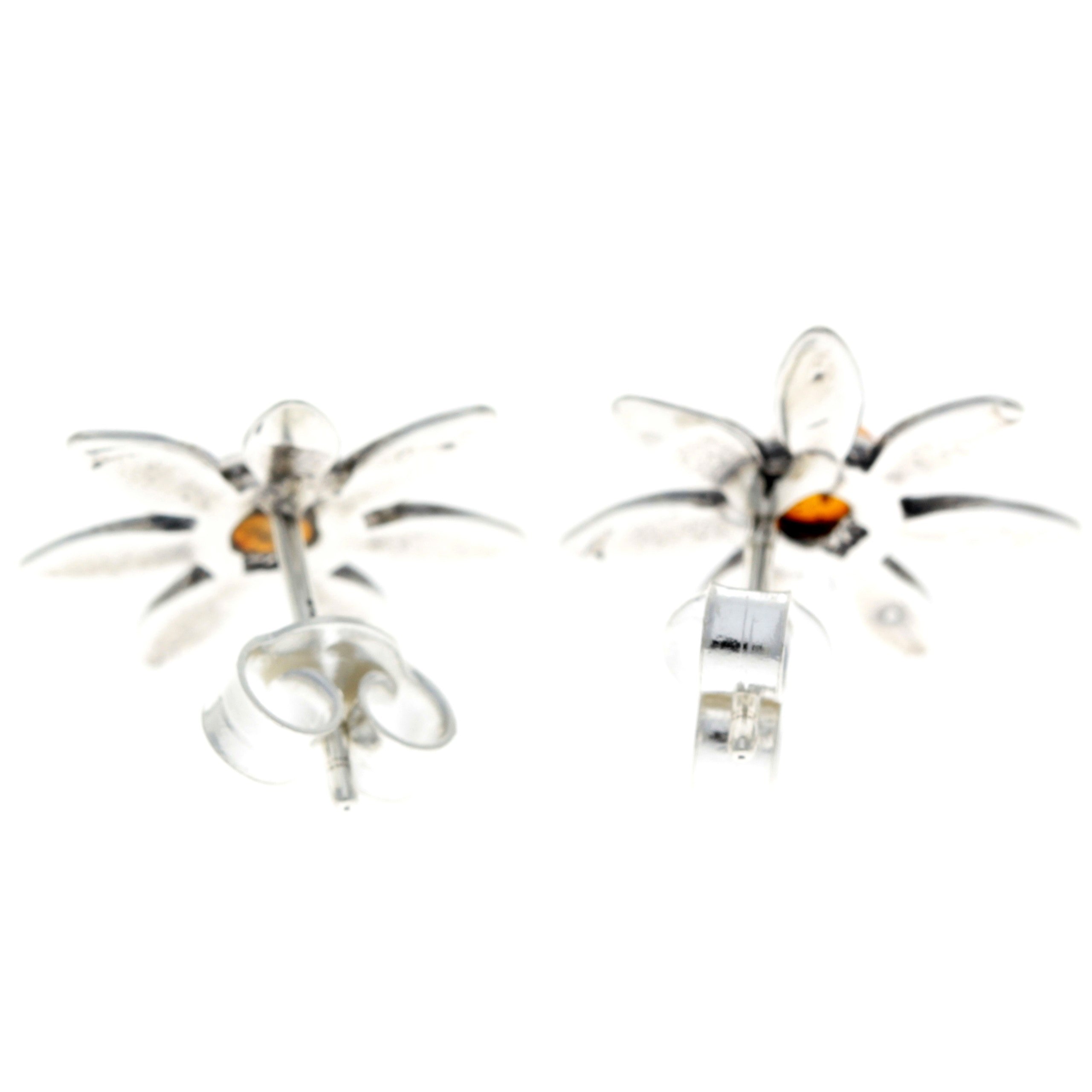 925 Sterling Silver & Genuine Baltic Amber Classic Flowers Studs Earrings - 8477