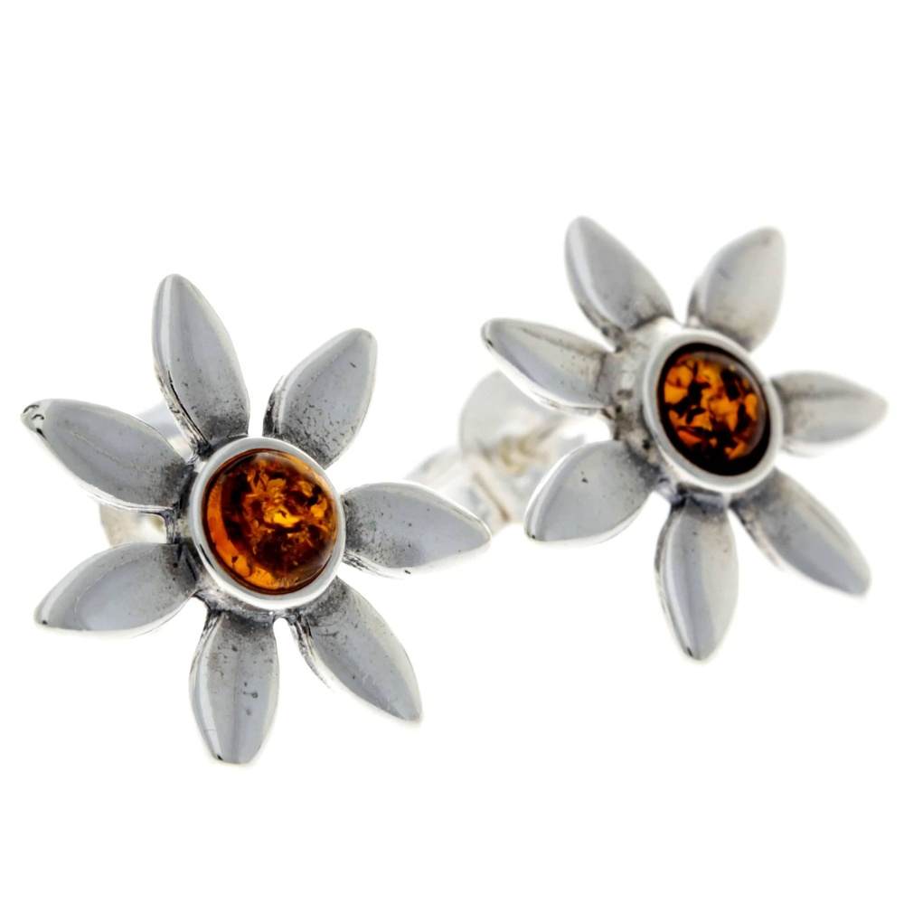 925 Sterling Silver & Genuine Baltic Amber Classic Flowers Studs Earrings - 8477