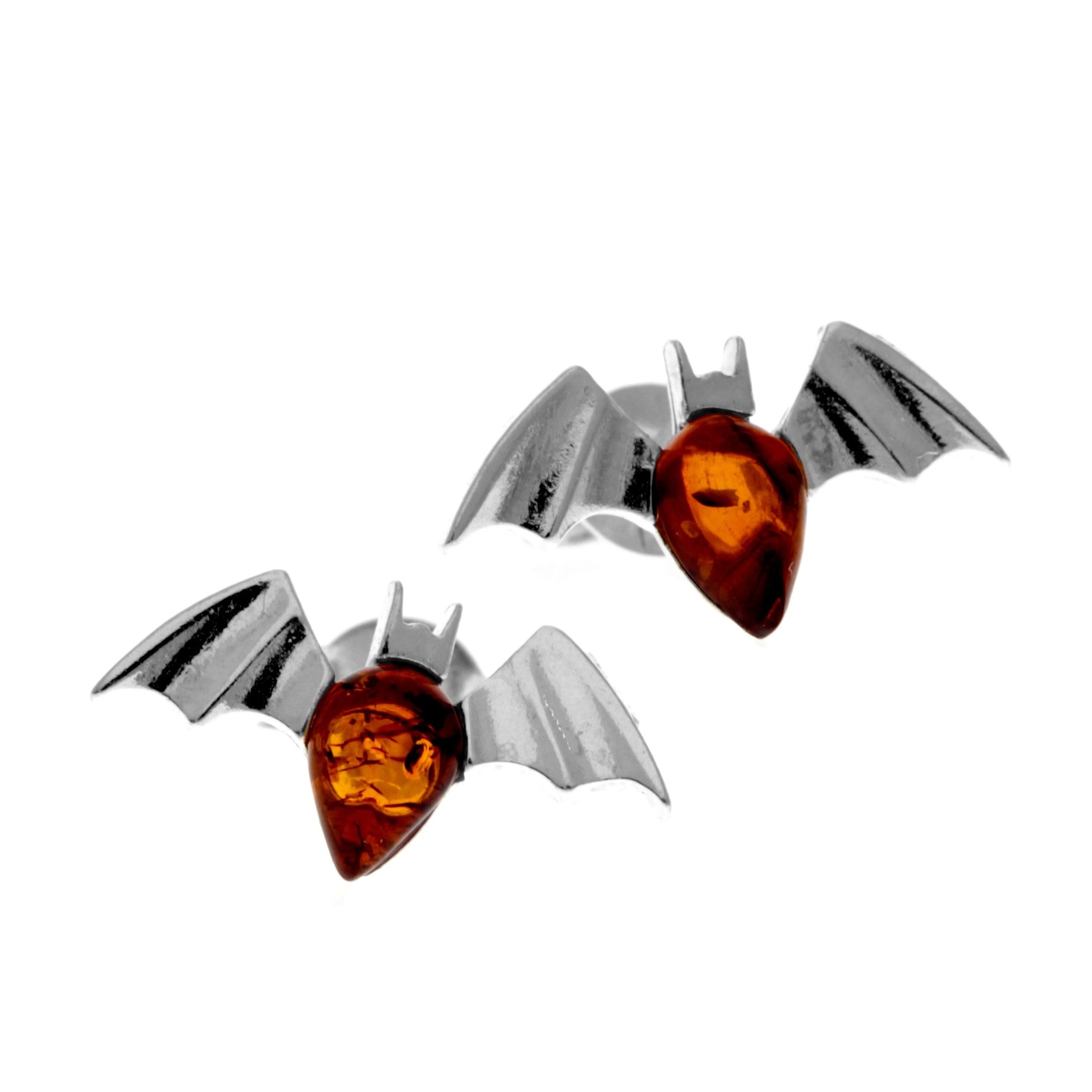 925 Sterling Silver & Genuine Baltic Amber Cute Bats Studs Earrings - 8478