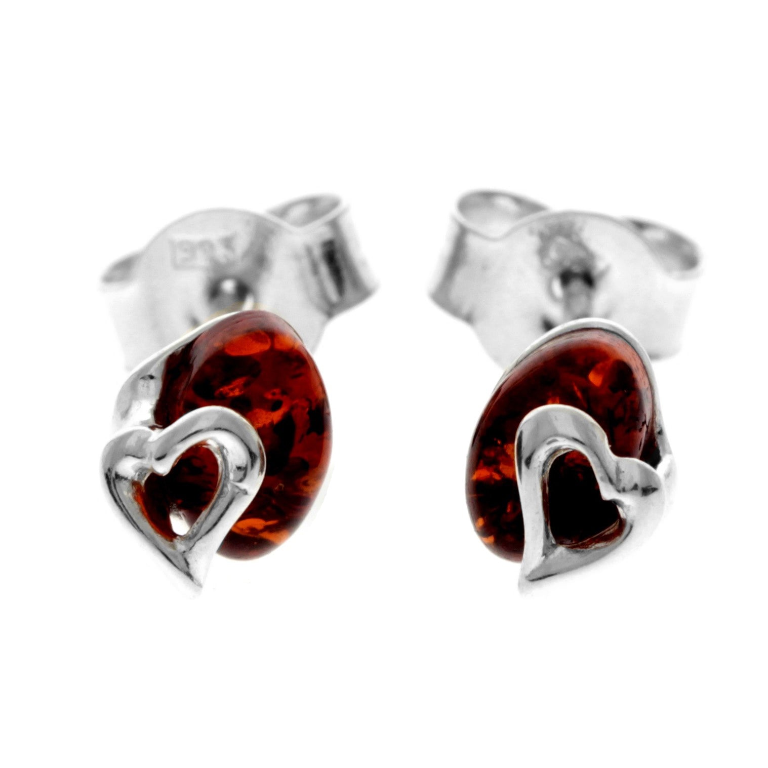 925 Sterling Silver & Genuine Baltic Amber Small Hearts Studs Earrings - 8479