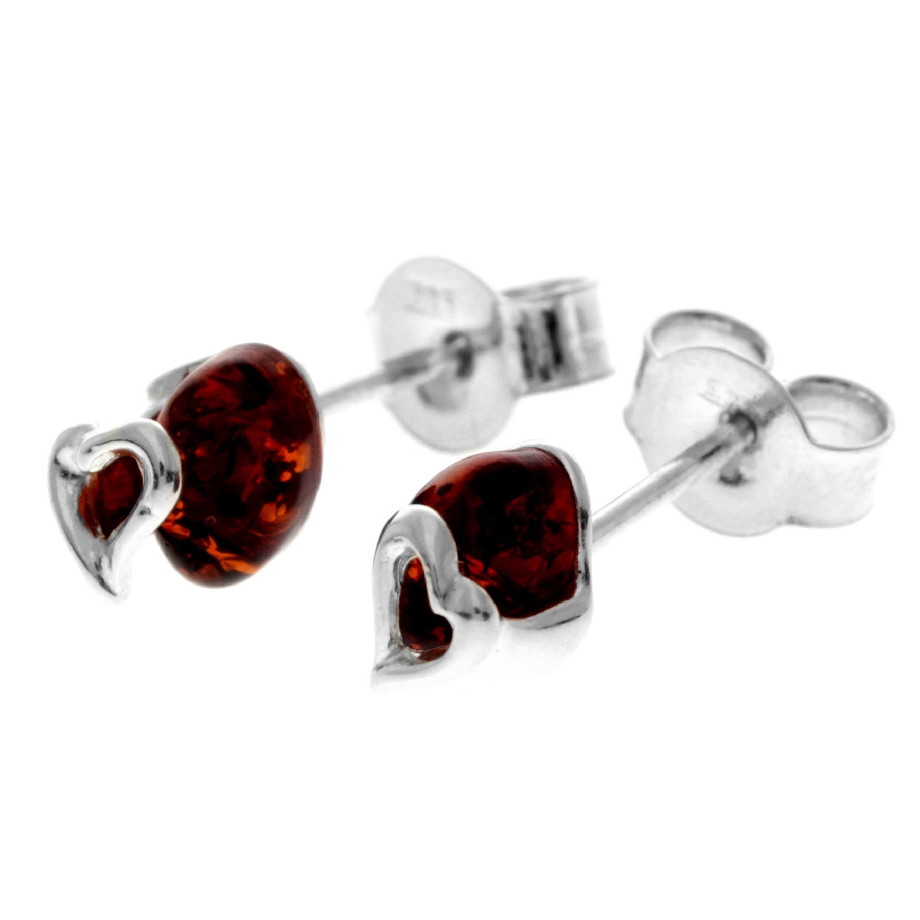 925 Sterling Silver & Genuine Baltic Amber Small Hearts Studs Earrings - 8479
