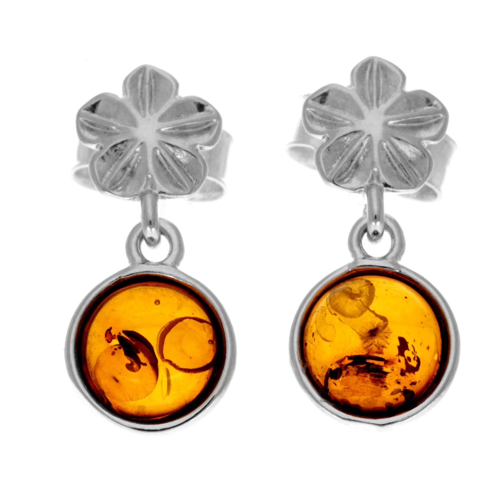 925 Sterling Silver & Genuine Baltic Amber Flower Studs Dangling Earrings - 8506
