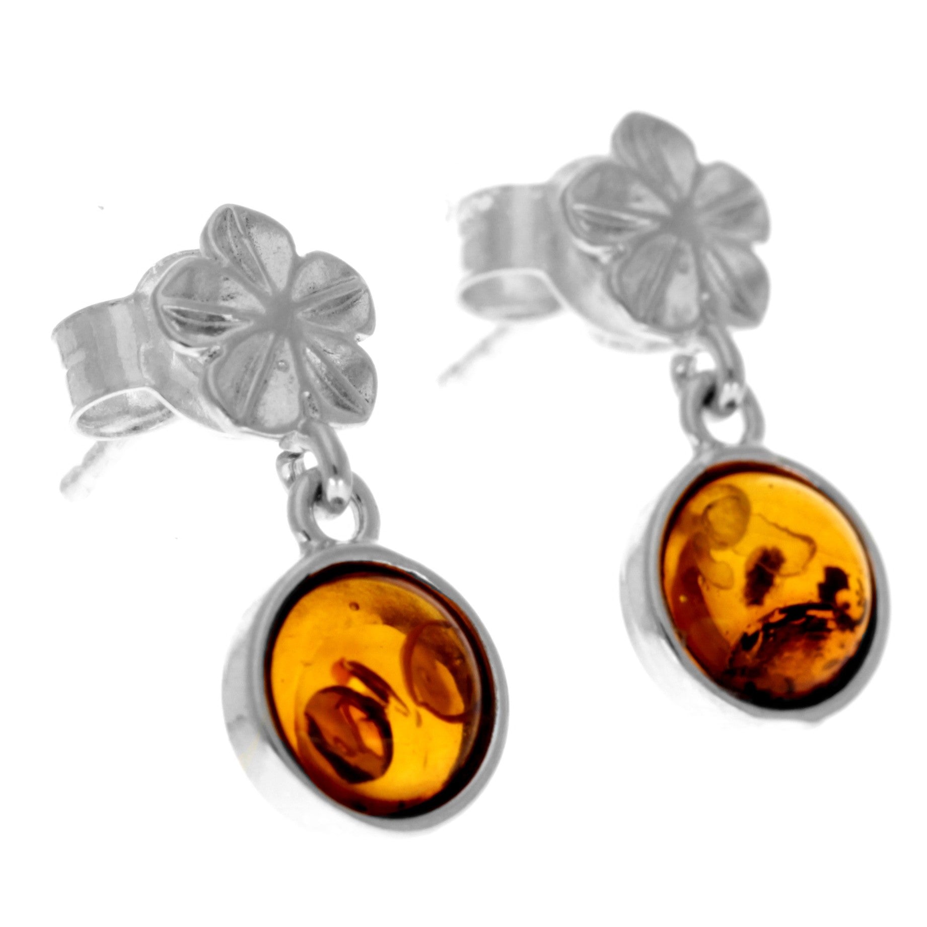 925 Sterling Silver & Genuine Baltic Amber Flower Studs Dangling Earrings - 8506
