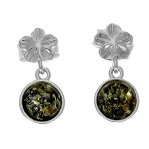 925 Sterling Silver & Genuine Baltic Amber Flower Studs Dangling Earrings - 8506