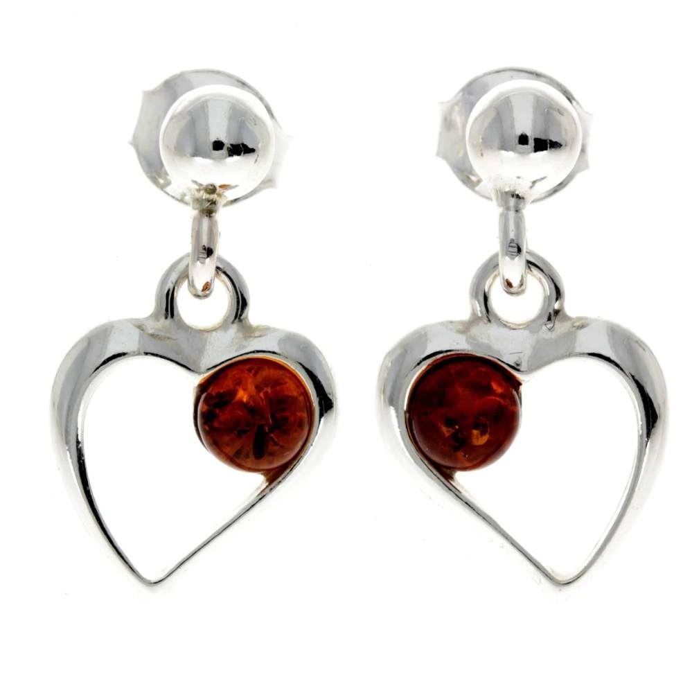 925 Sterling Silver & Genuine Baltic Amber Heart Drop Earrings - AA005