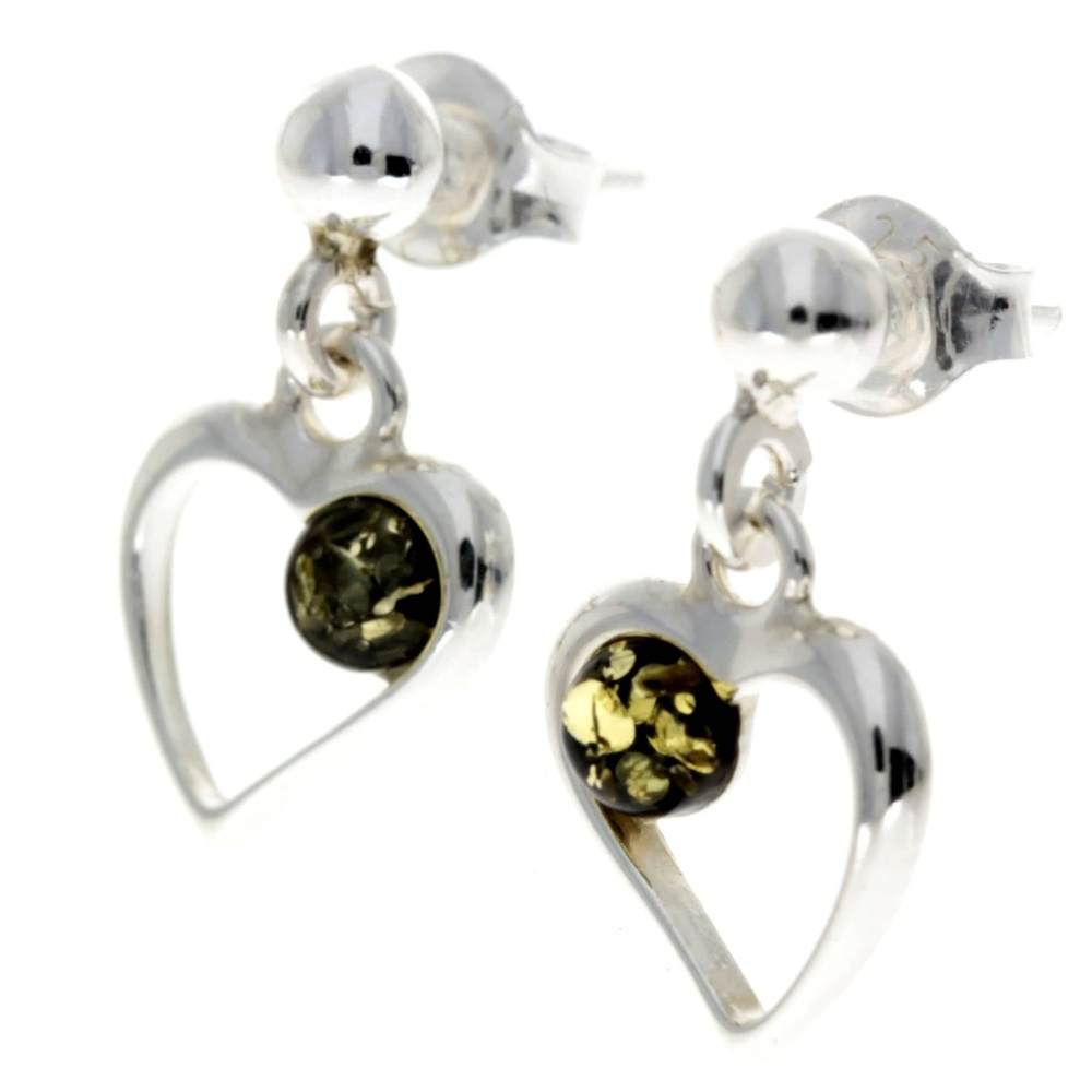 925 Sterling Silver & Genuine Baltic Amber Heart Drop Earrings - AA005