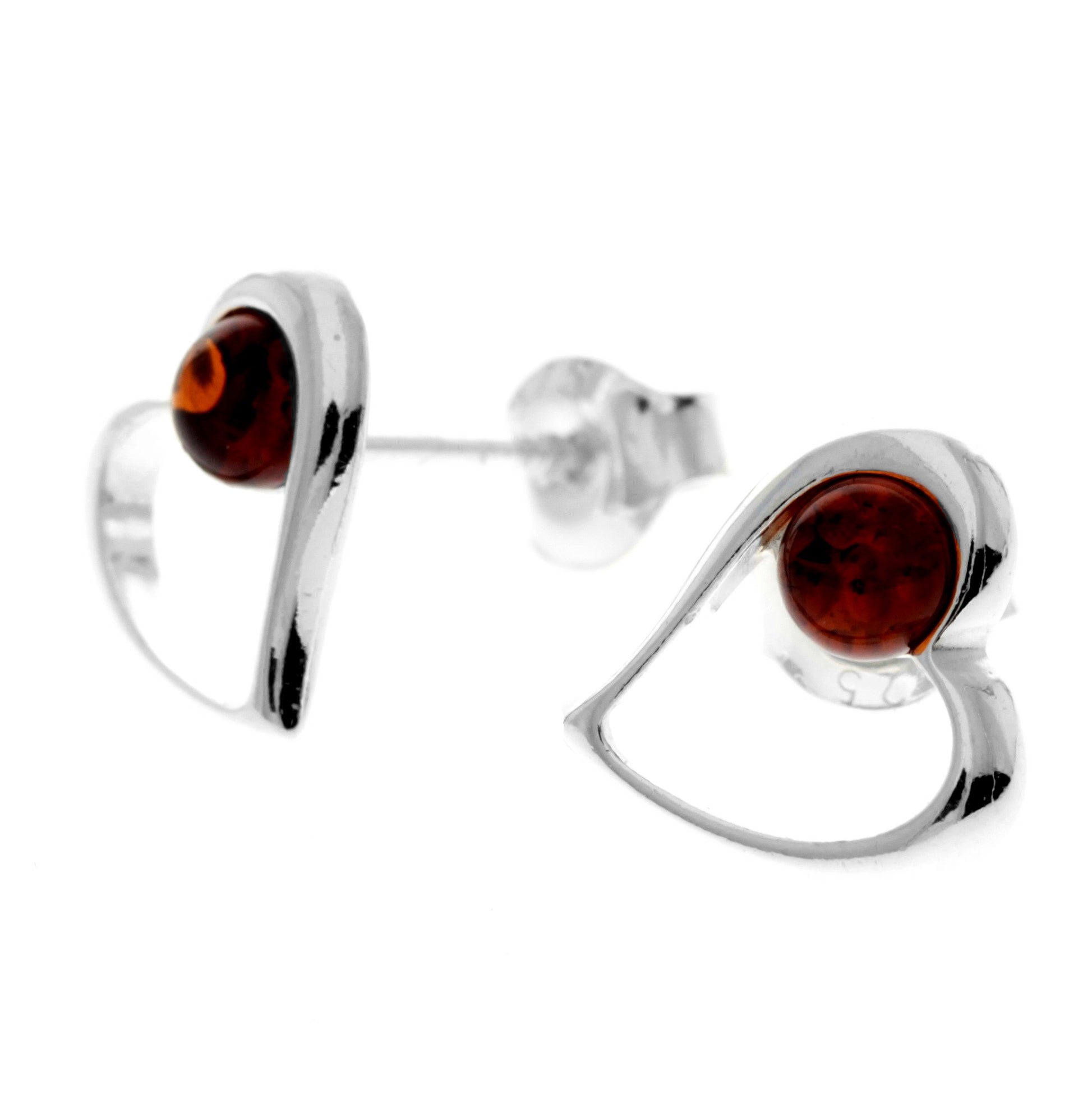 925 Sterling Silver & Genuine Baltic Amber Heart Studs Earrings - AA005