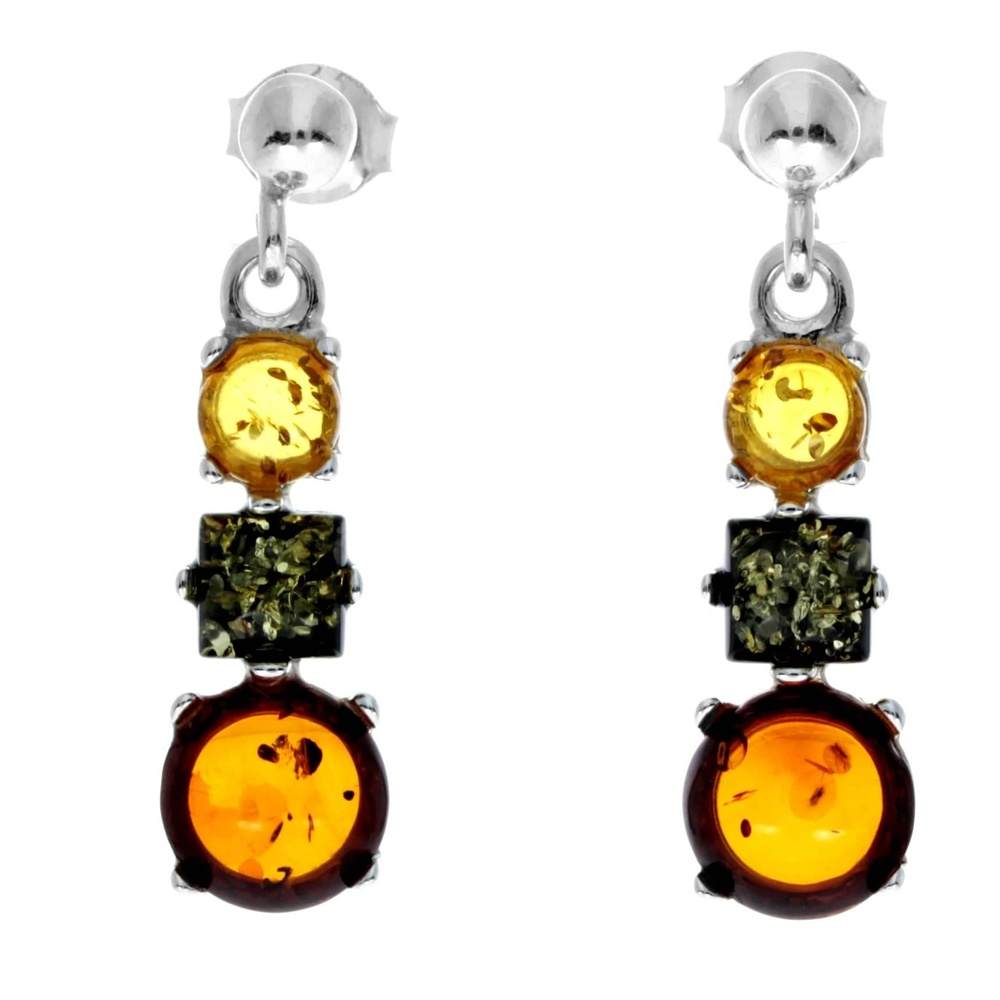 925 Sterling Silver & Genuine Baltic Amber Multi Stone Drop Classic Earrings - AA012