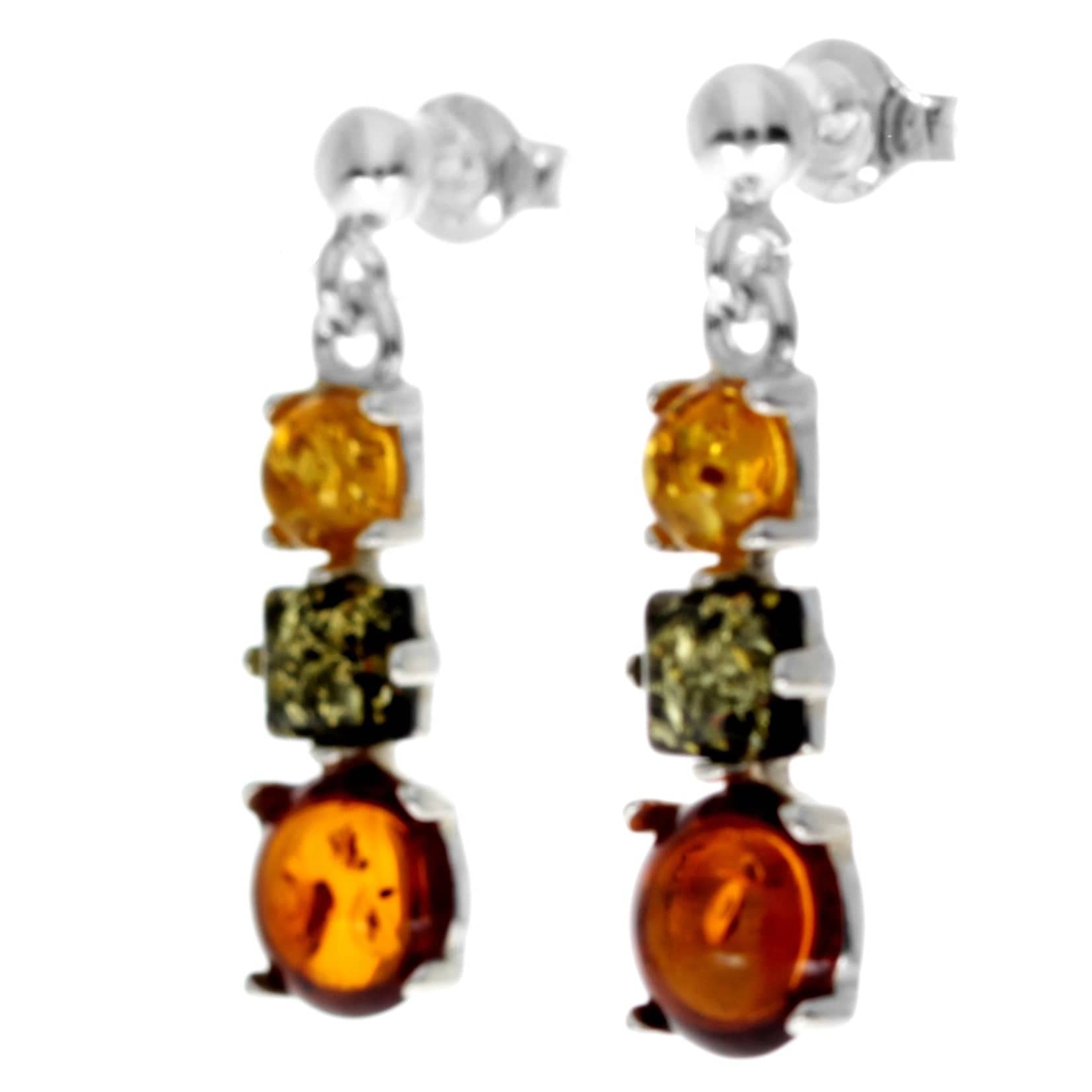 925 Sterling Silver & Genuine Baltic Amber Multi Stone Drop Classic Earrings - AA012