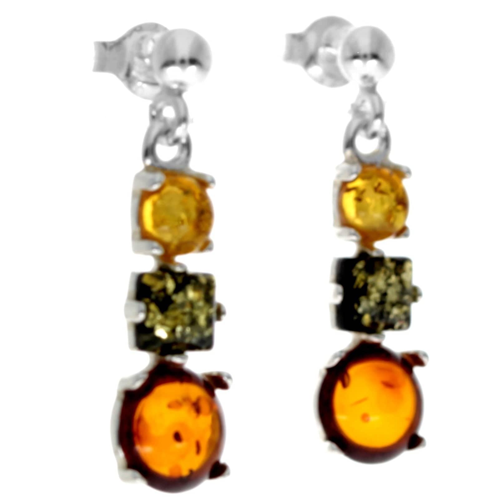 925 Sterling Silver & Genuine Baltic Amber Multi Stone Drop Classic Earrings - AA012