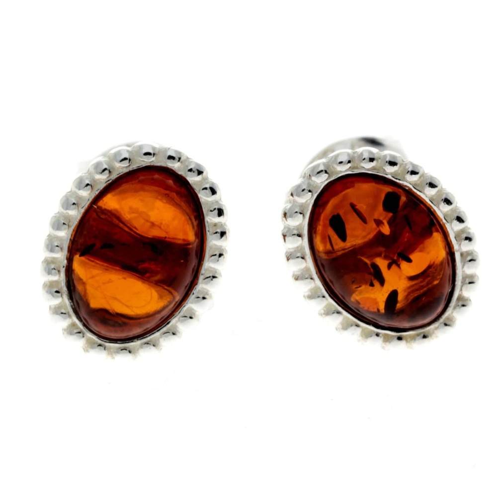 925 Sterling Silver & Genuine Baltic Amber Classic Oval Studs Earrings - AA027