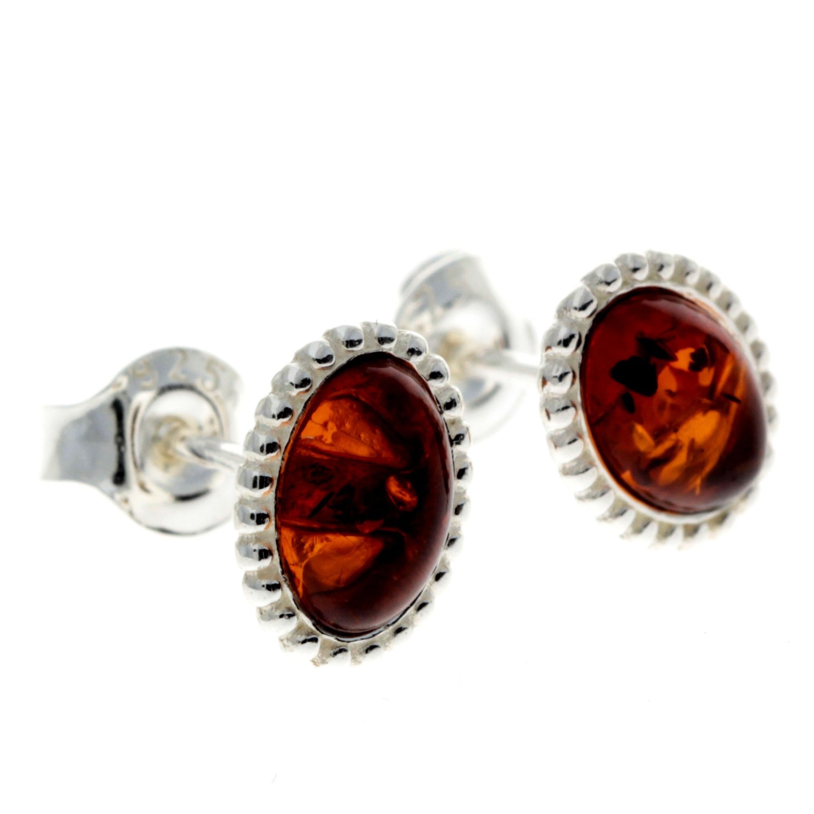 925 Sterling Silver & Genuine Baltic Amber Classic Oval Studs Earrings - AA027
