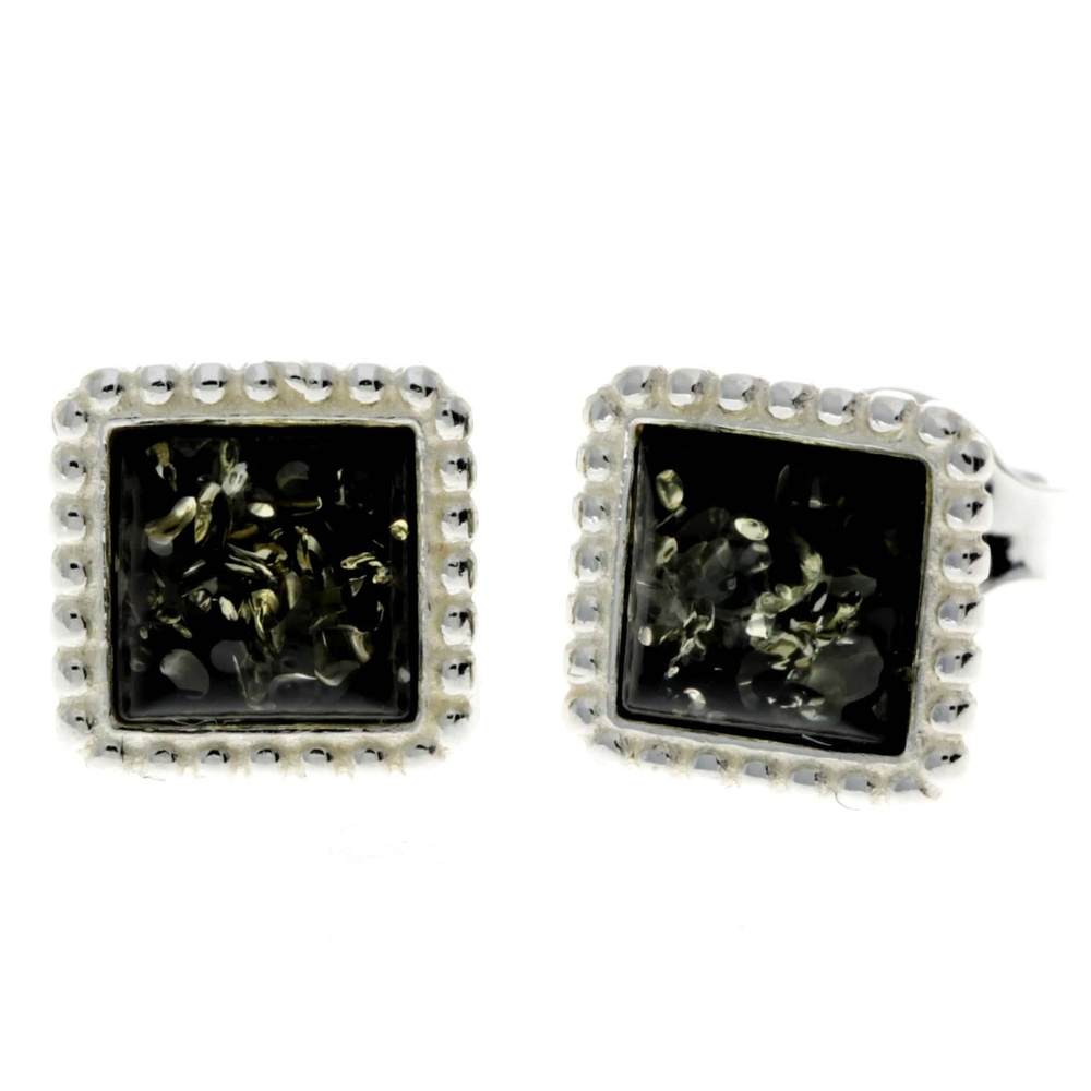 925 Sterling Silver & Genuine Baltic Amber Classic Square Studs Earrings - AA028