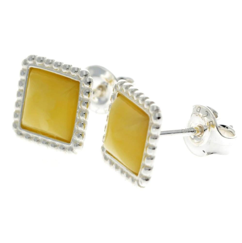 925 Sterling Silver & Genuine Baltic Amber Classic Square Studs Earrings - AA028