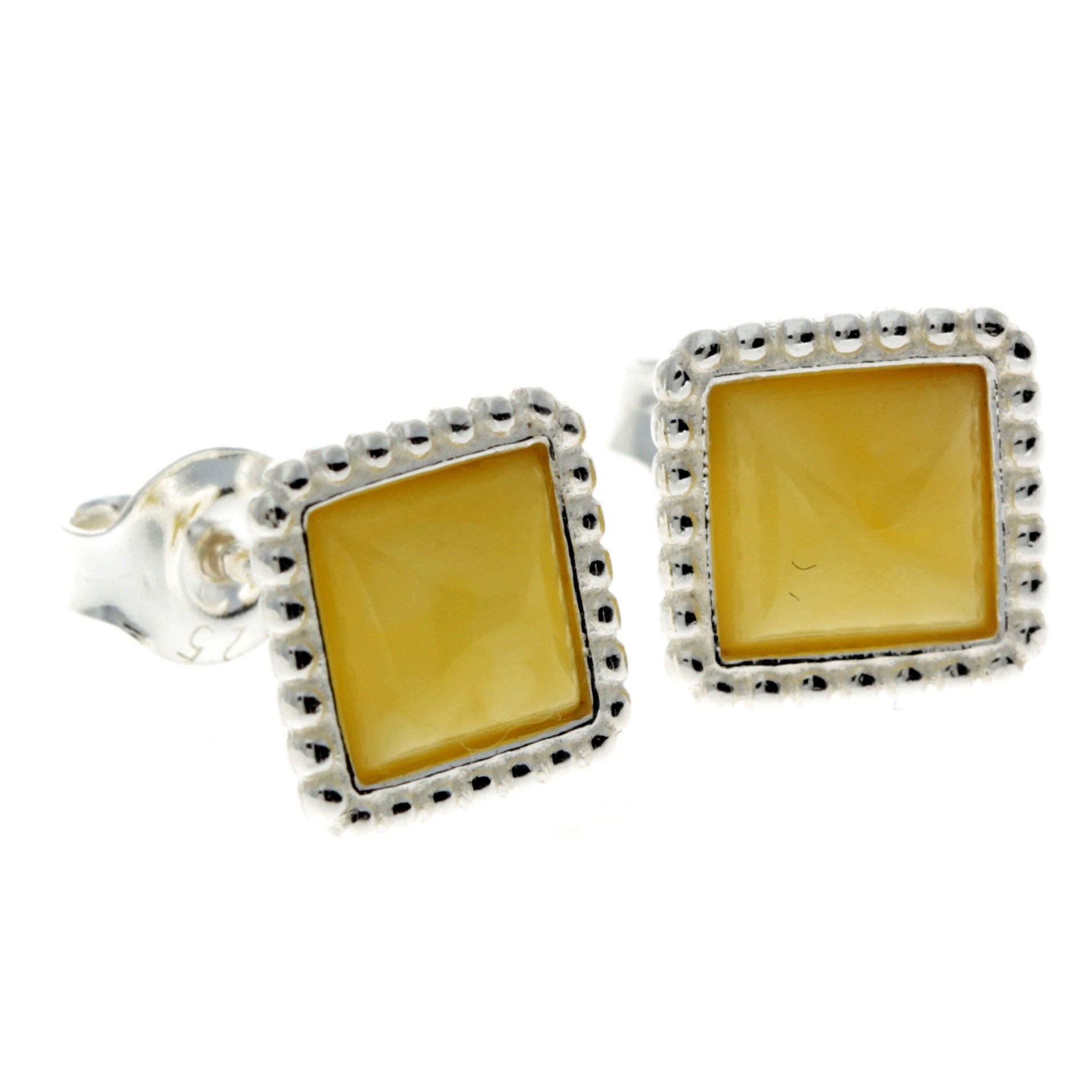 925 Sterling Silver & Genuine Baltic Amber Classic Square Studs Earrings - AA028