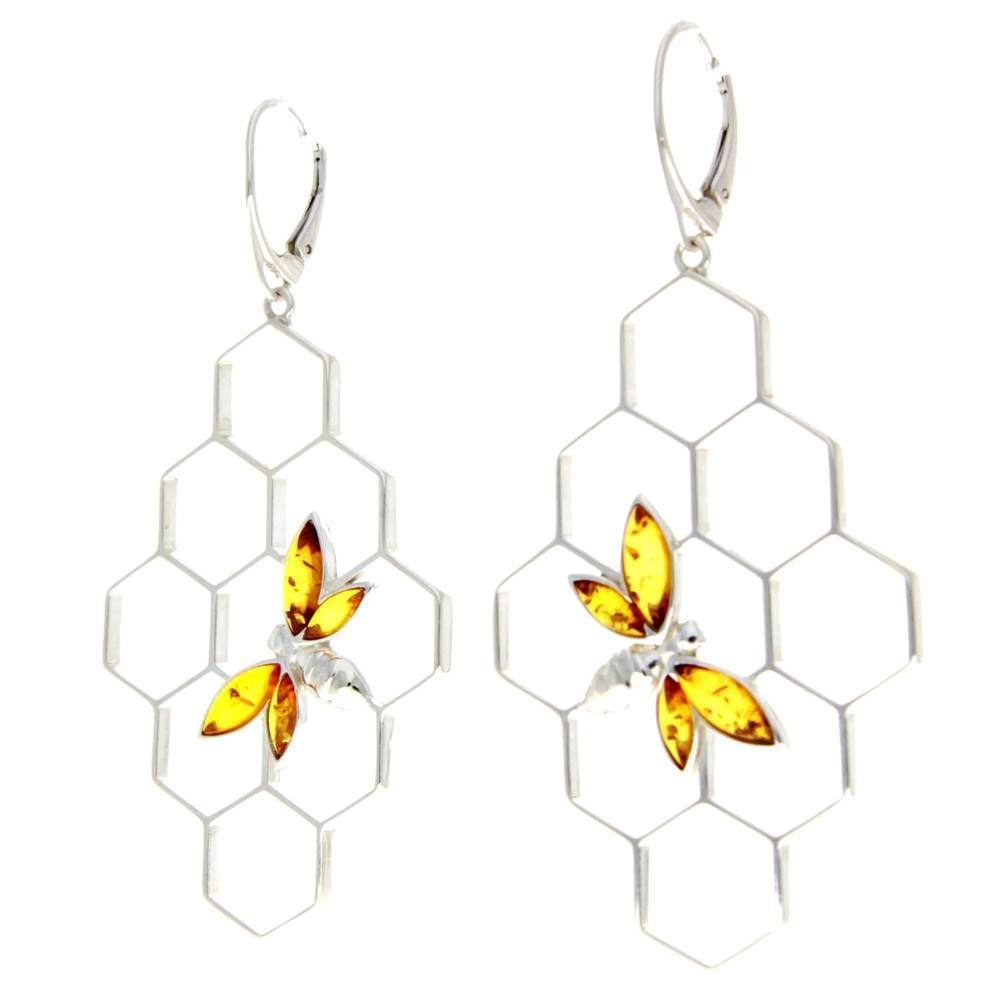 925 Sterling Silver & Genuine Baltic Amber Large Honey Bumble Bee Drop Earrings - AA029