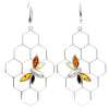 925 Sterling Silver & Genuine Baltic Amber Large Honey Bumble Bee Drop Earrings - AA029