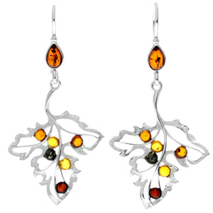 925 Sterling Silver & Baltic Amber Large Leaf Drop Hoops Earrings - AA031