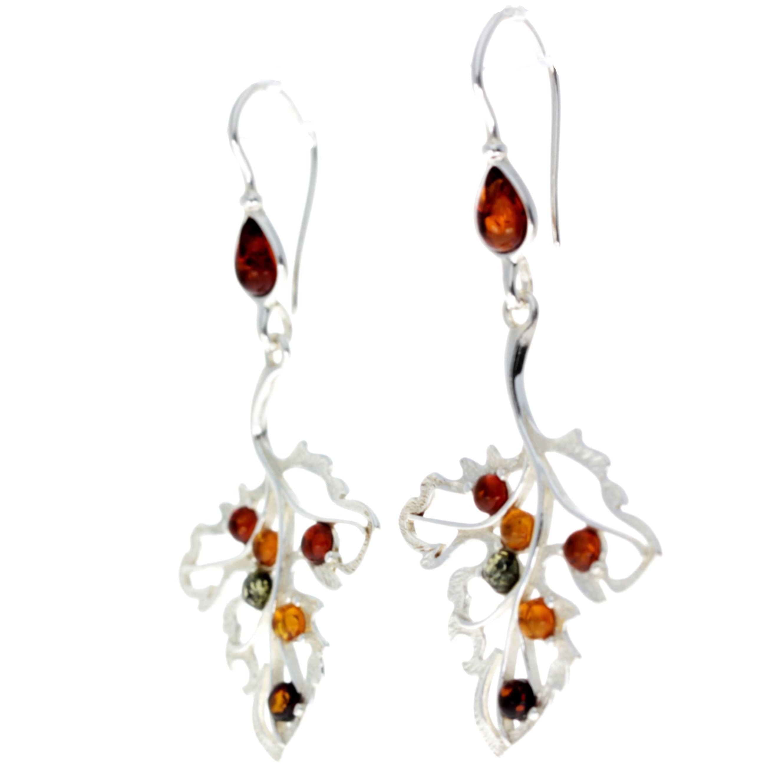 925 Sterling Silver & Baltic Amber Large Leaf Drop Hoops Earrings - AA031