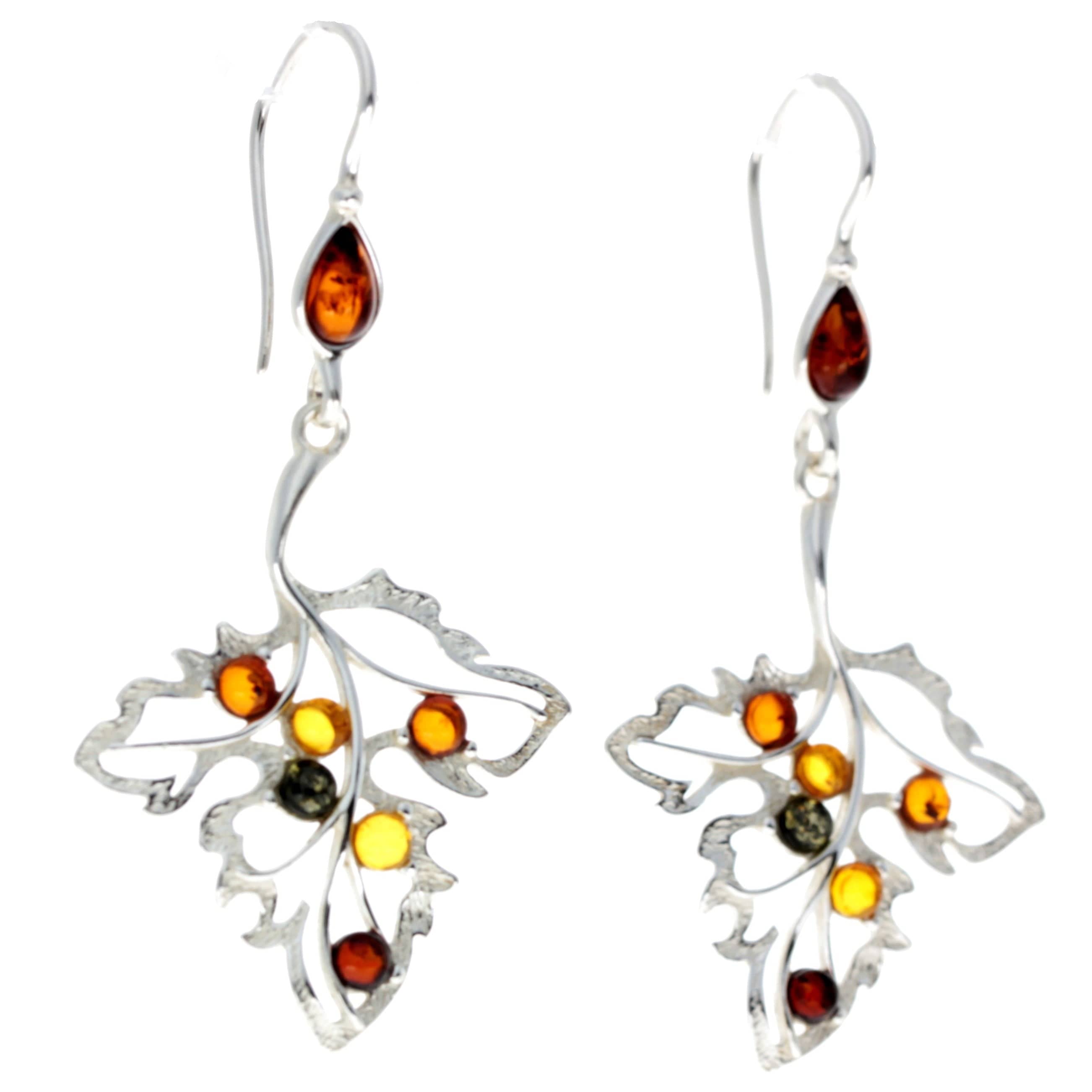 925 Sterling Silver & Baltic Amber Large Leaf Drop Hoops Earrings - AA031