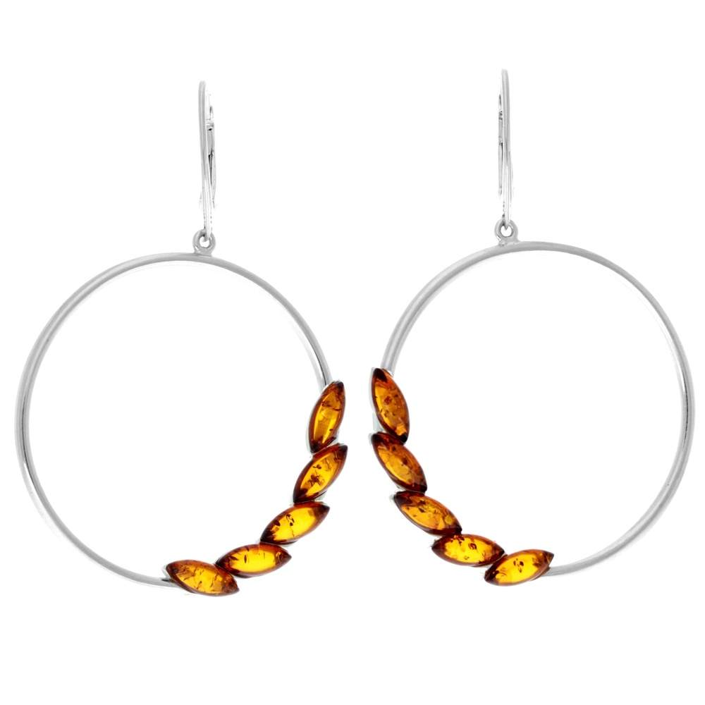 925 Sterling Silver & Baltic Amber Large Drop Hoops Earrings - AA032