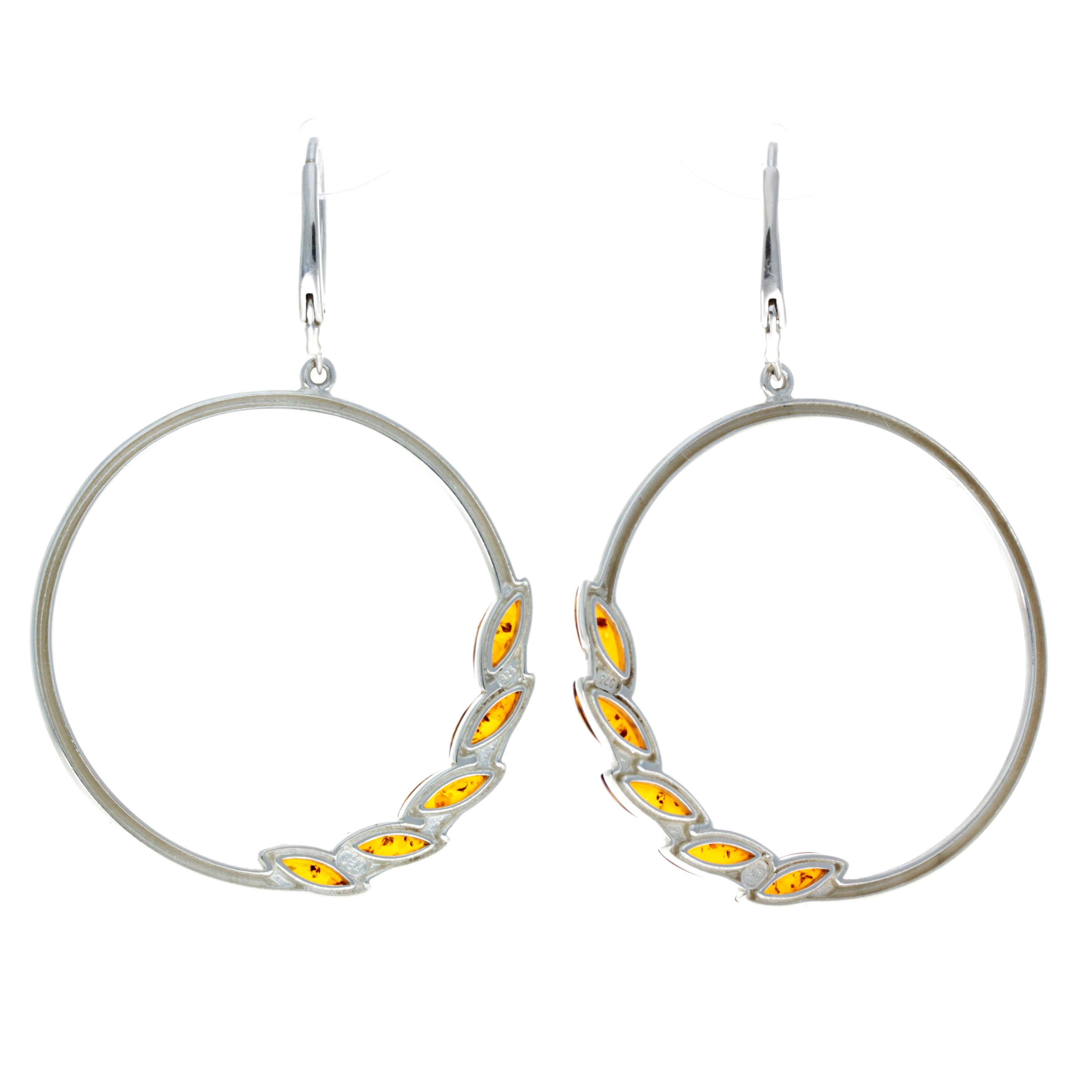 925 Sterling Silver & Baltic Amber Large Drop Hoops Earrings - AA032