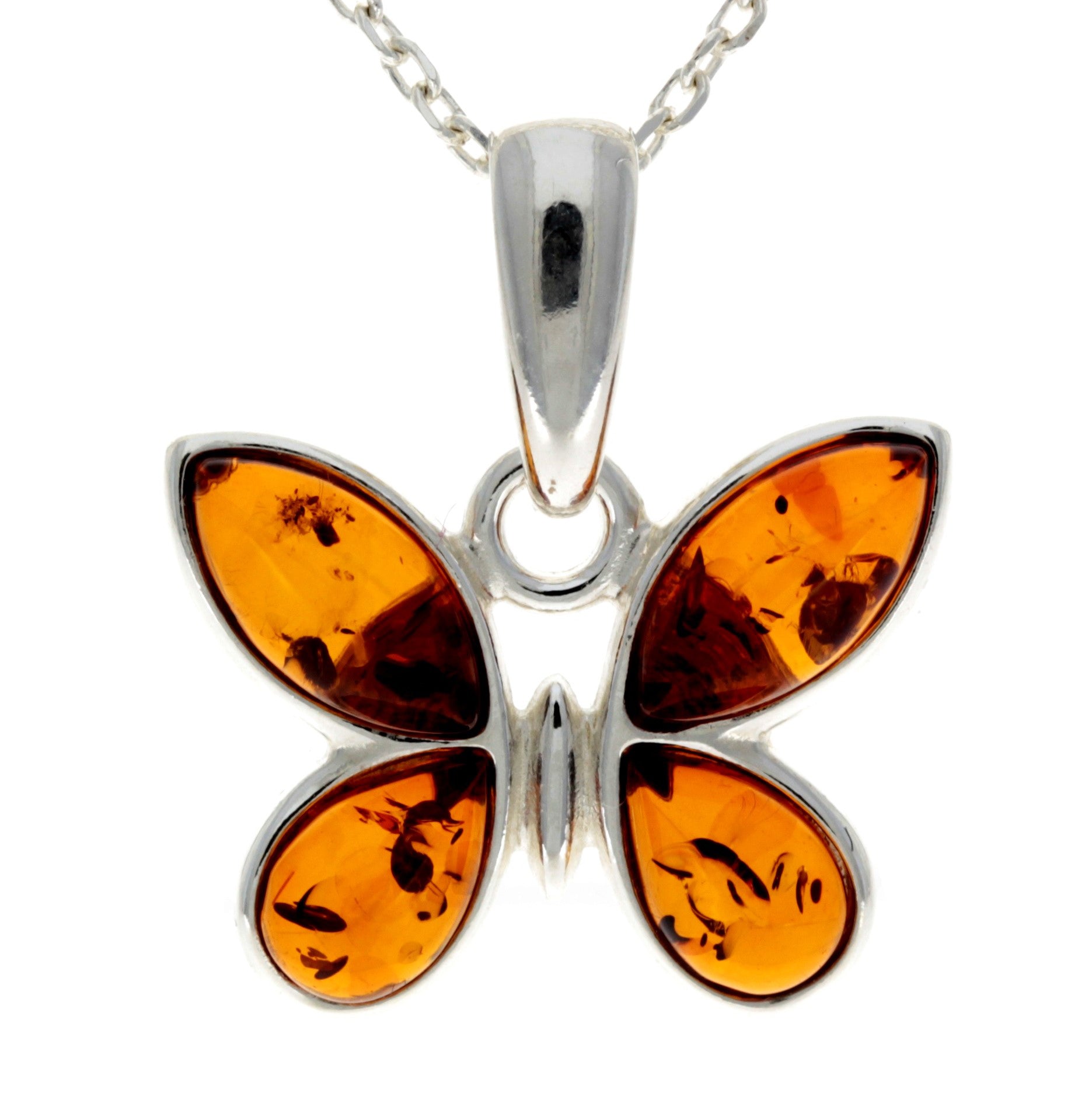 925 Sterling Silver & Genuine Baltic Amber Classic Butterfly Pendant - AA228