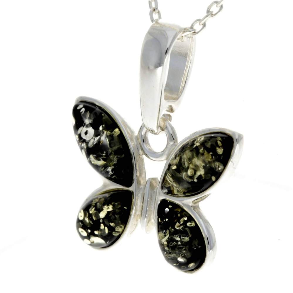 925 Sterling Silver & Genuine Baltic Amber Classic Butterfly Pendant - AA228