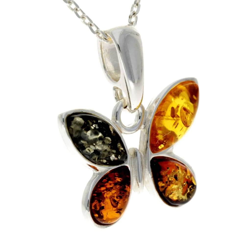 925 Sterling Silver & Genuine Baltic Amber Classic Butterfly Pendant - AA228