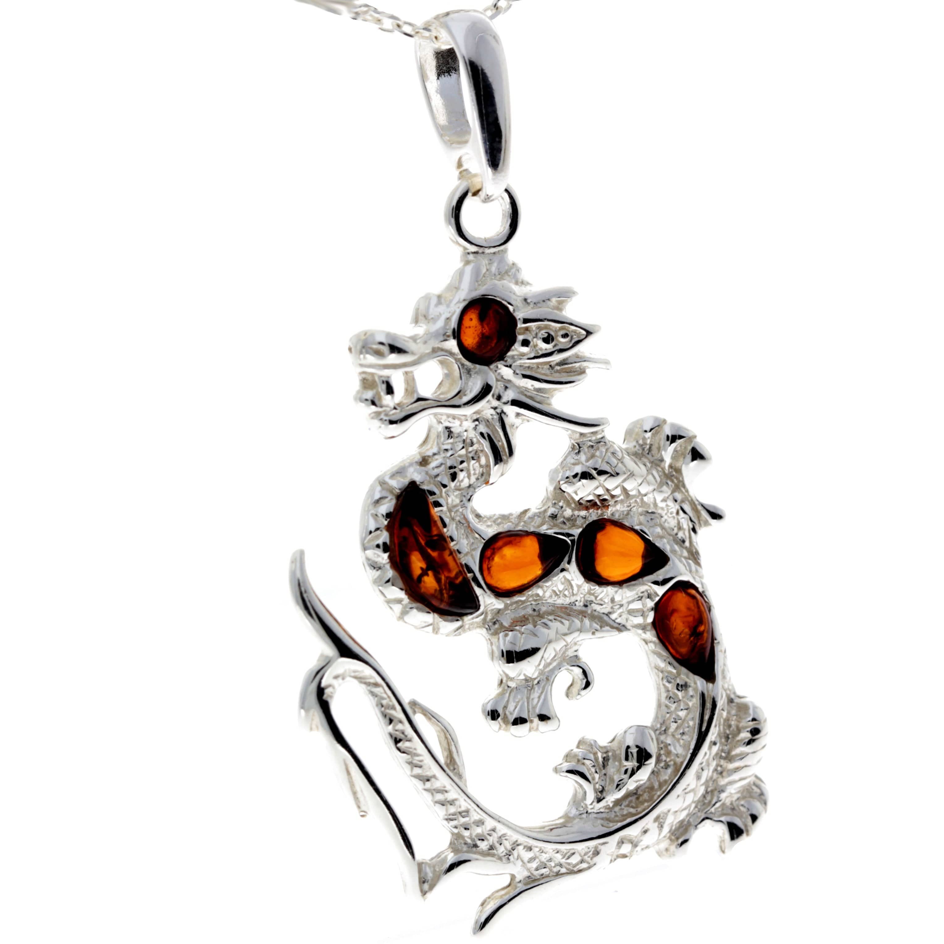 925 Sterling Silver & Genuine Baltic Amber Dragon Pendant - AA237