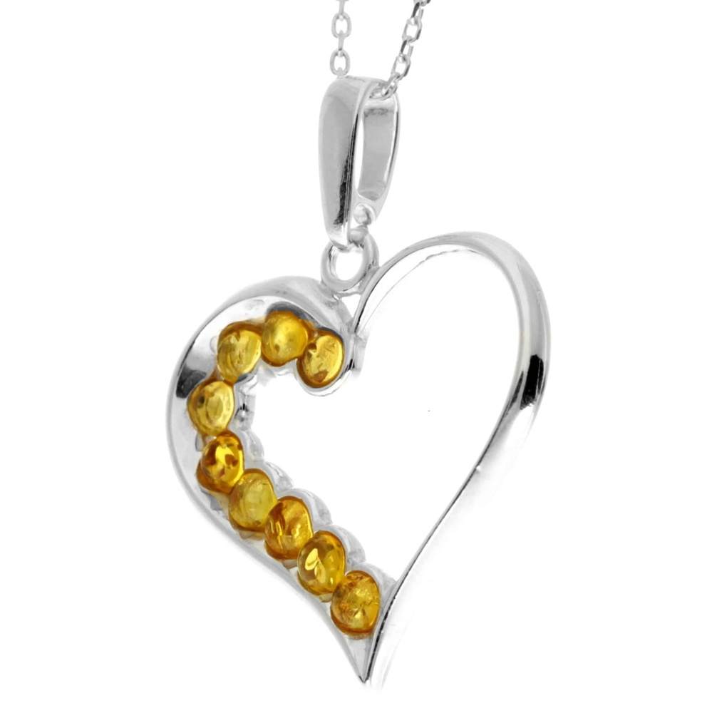 925 Sterling Silver & Genuine Baltic Amber Multi Stone Heart Pendant - AA245