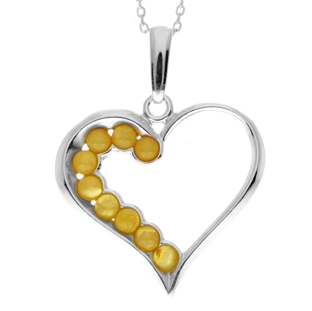 925 Sterling Silver & Genuine Baltic Amber Multi Stone Heart Pendant - AA245