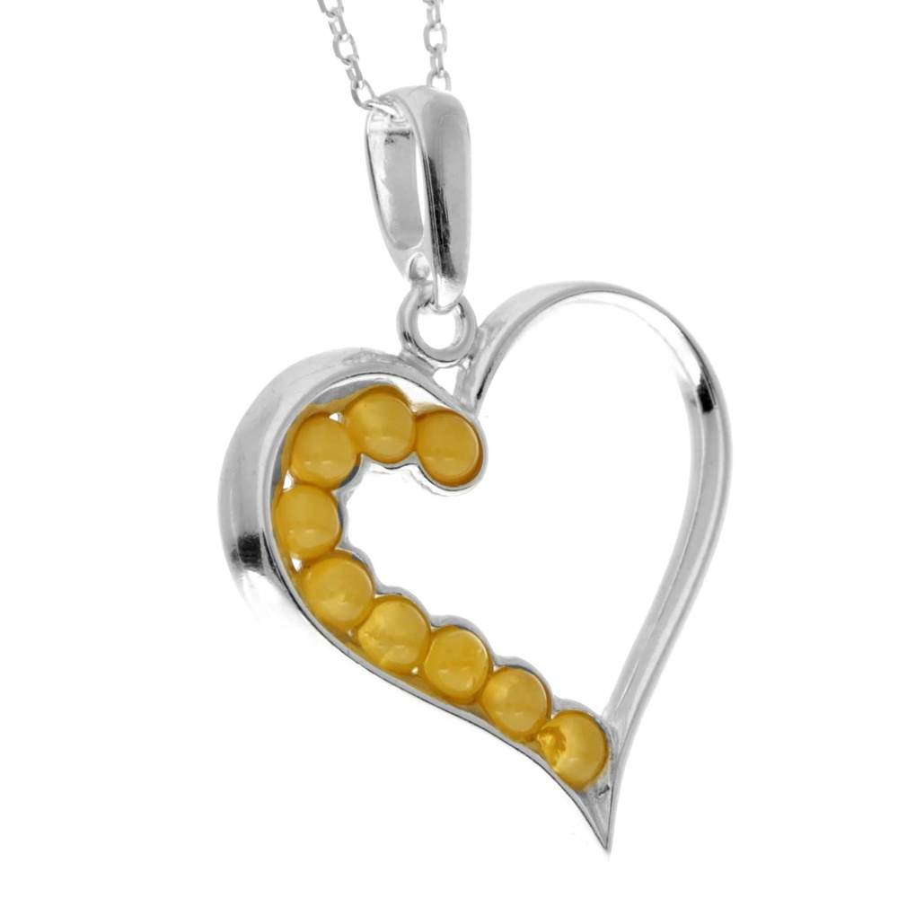 925 Sterling Silver & Genuine Baltic Amber Multi Stone Heart Pendant - AA245